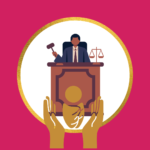 sitting judge with baby held by hands in front of him